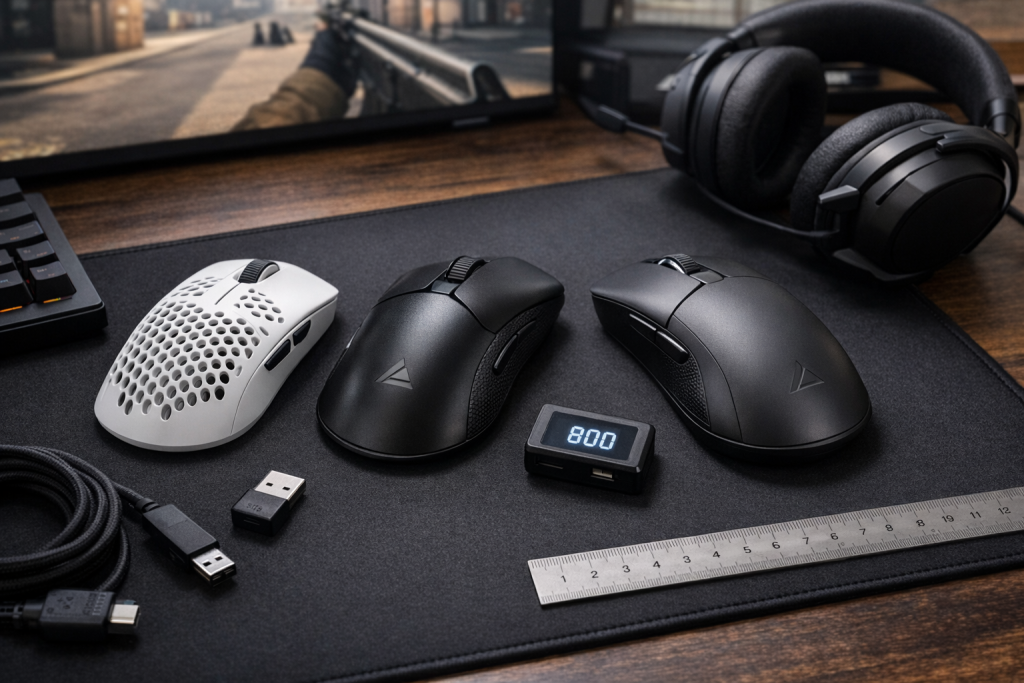 Trzy myszki komputerowa i czarne słuchawki leżące na podkładce na brązowym biurku